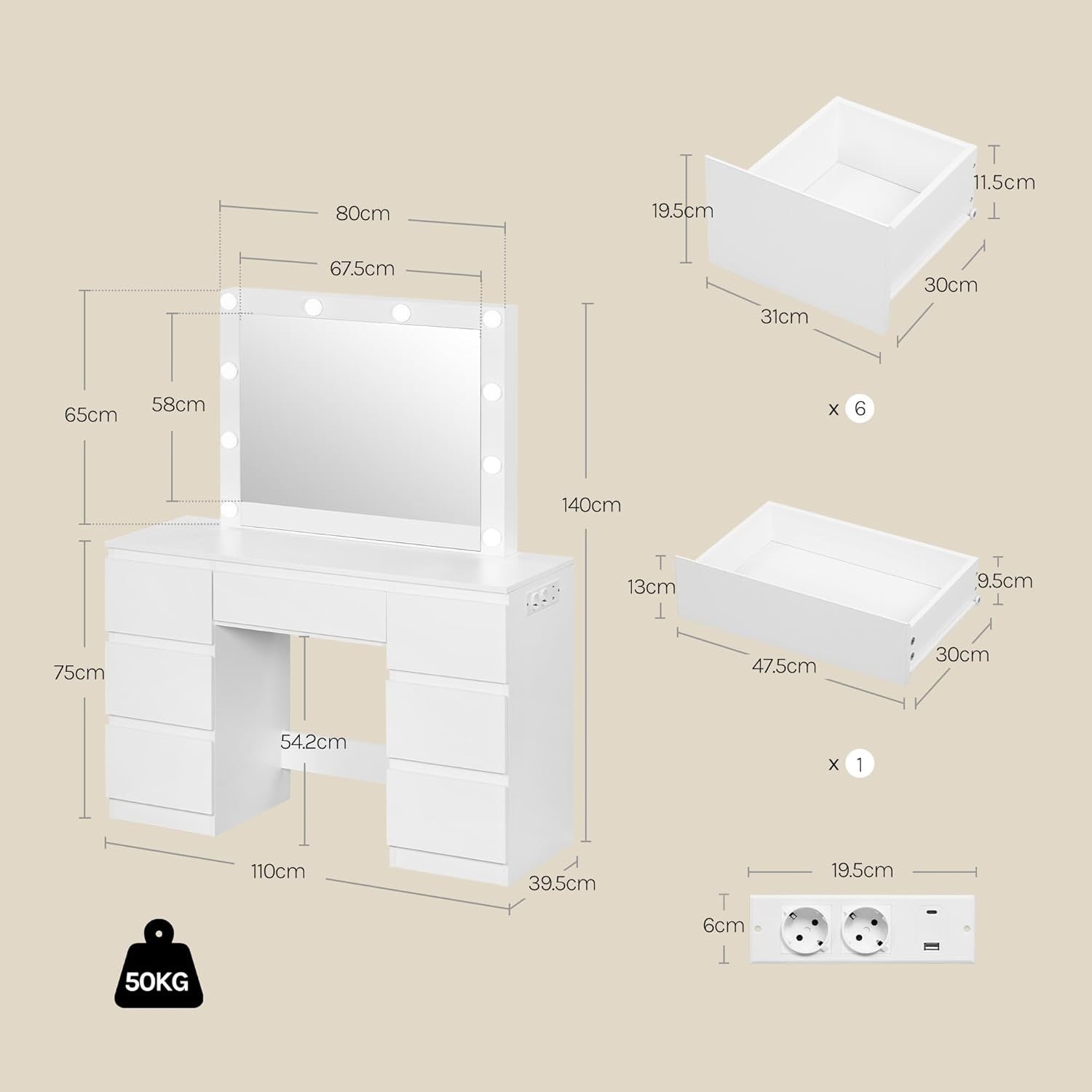 White Vanity Makeup Dressing Table w/ LED Mirror 7 Drawers Charging Station Desk
