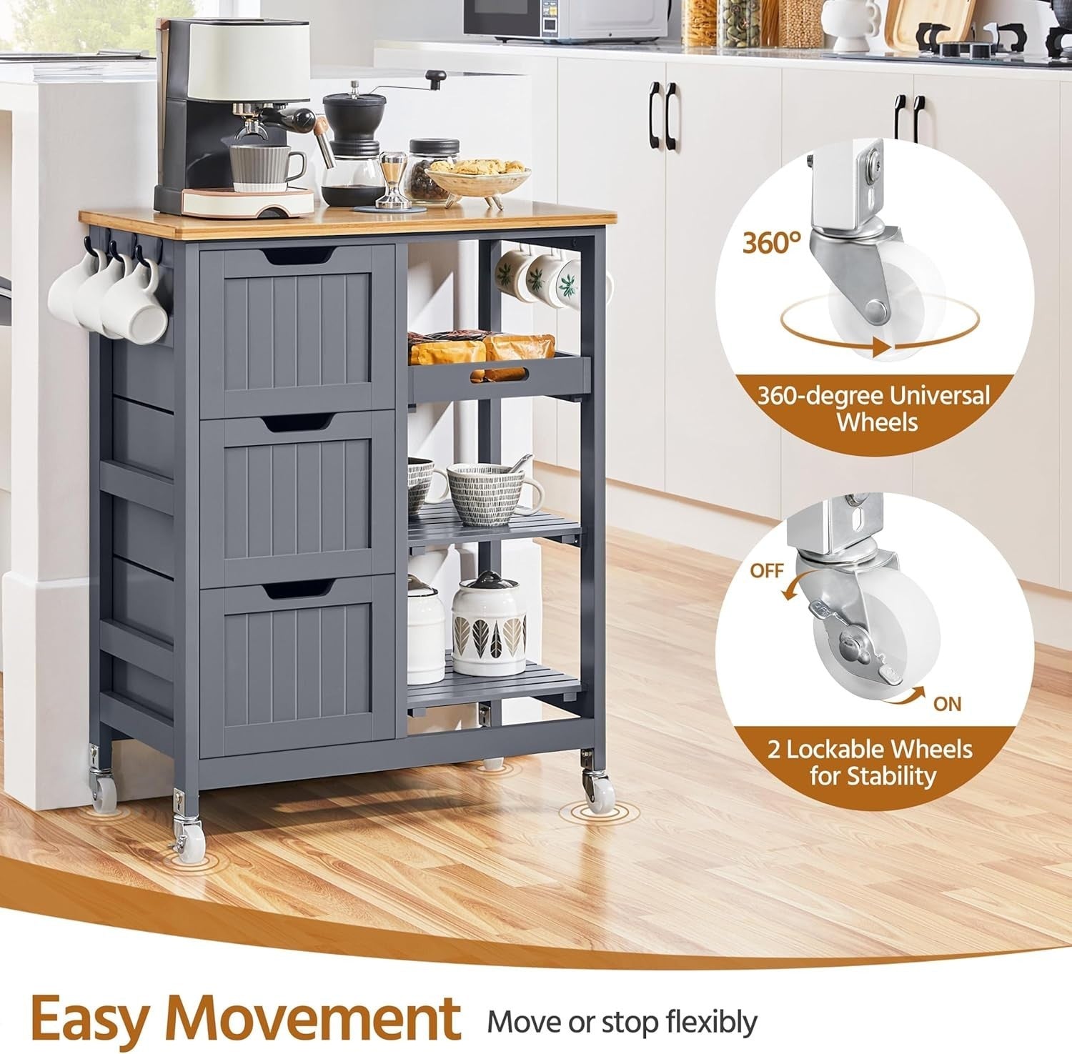 Dark Gray Kitchen Storage Trolley on Wheels with Drawers, Shelves & Tray