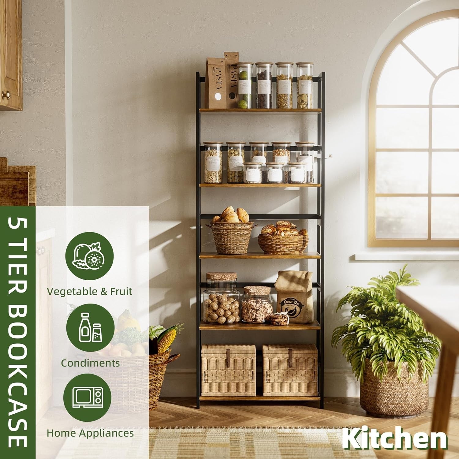 5-Tier Rustic Industrial Bookshelf, Tall Bamboo Frame Display Storage Unit