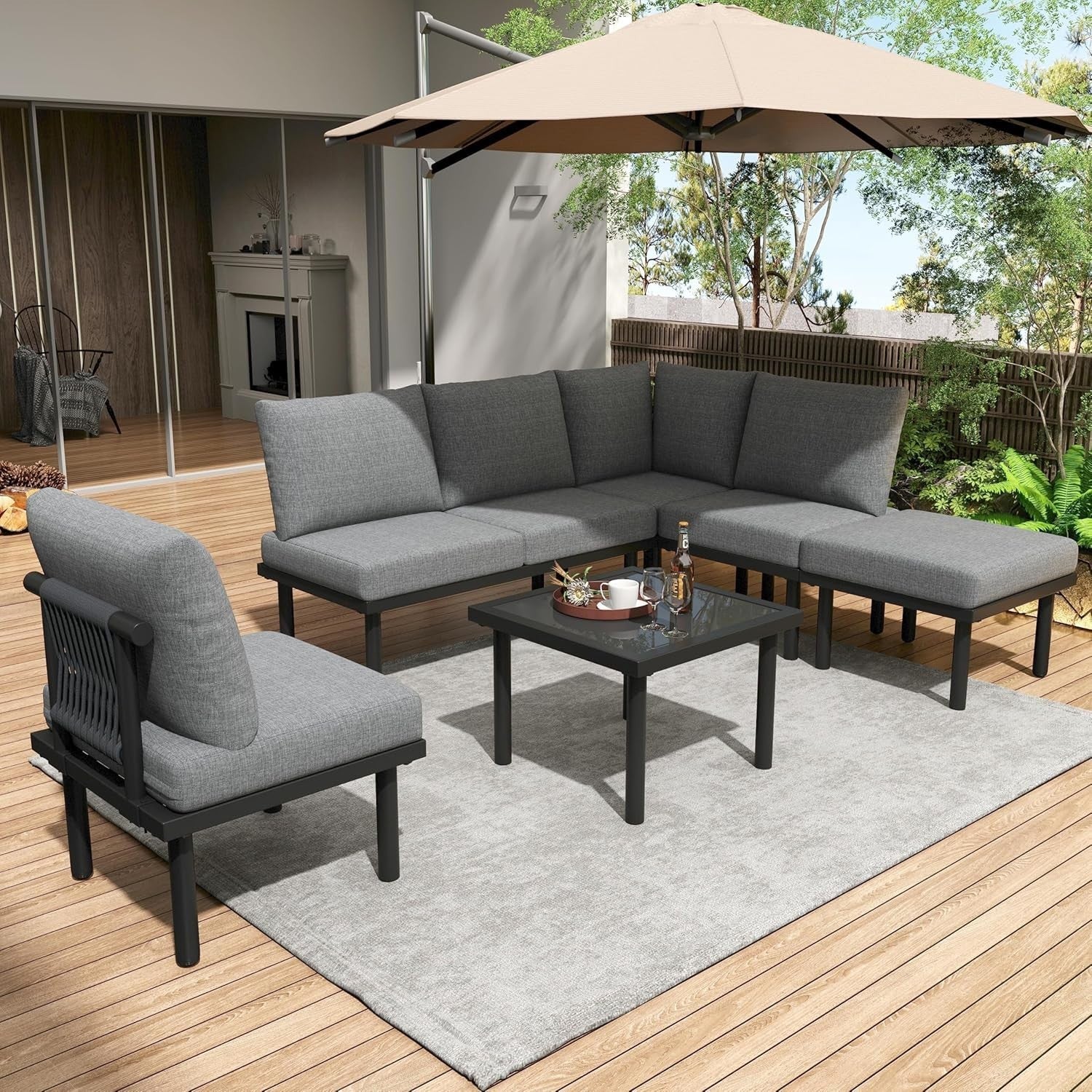 Modern Outdoor Garden Corner Sofa Set 6-Seater w/ Cushions & Table
