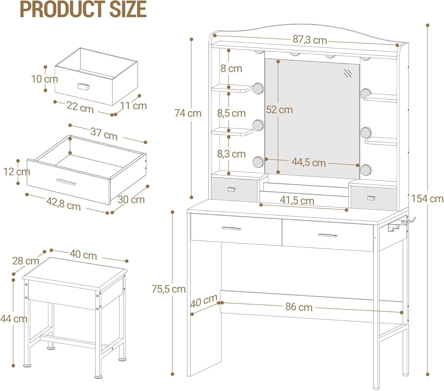 Vanity Makeup Dressing Table Set w/ Lighted Mirror, 4 Drawers, Modern White