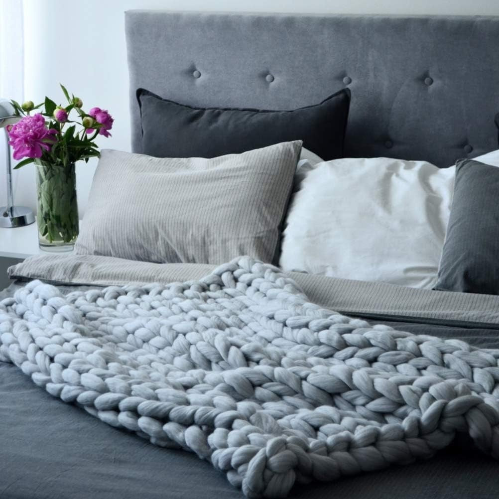 Hand Knit Weighted Blanket Grey Chunky Knit Cozy Throw Sleep Stress Relief