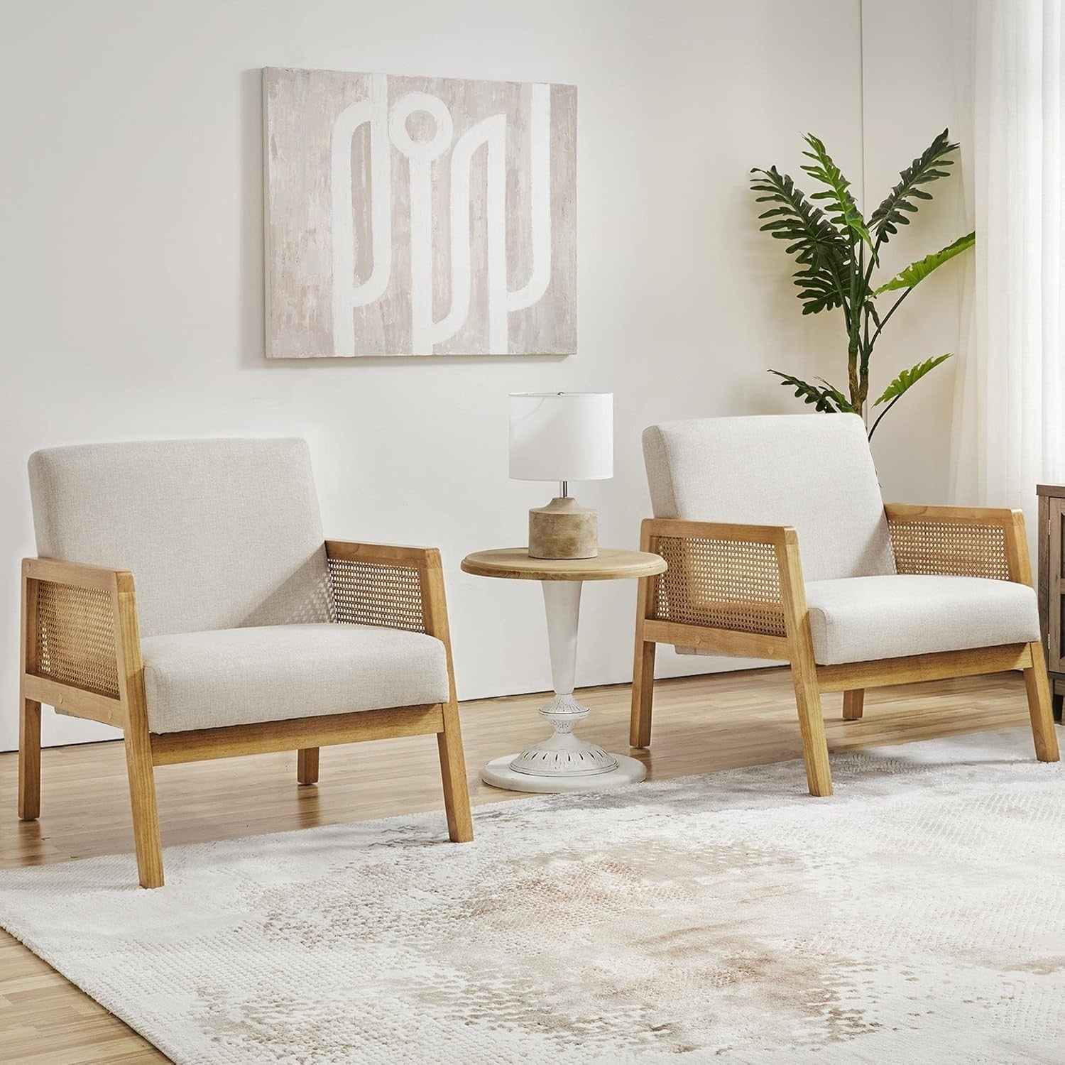 Set of 2 Linen Fabric Accent Armchairs Modern Indoor Chairs with Cane Sides