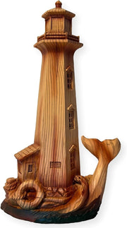 Wood-Effect Lighthouse Ornament 22cm | Nautical Decor Sculpture | Whale Tail