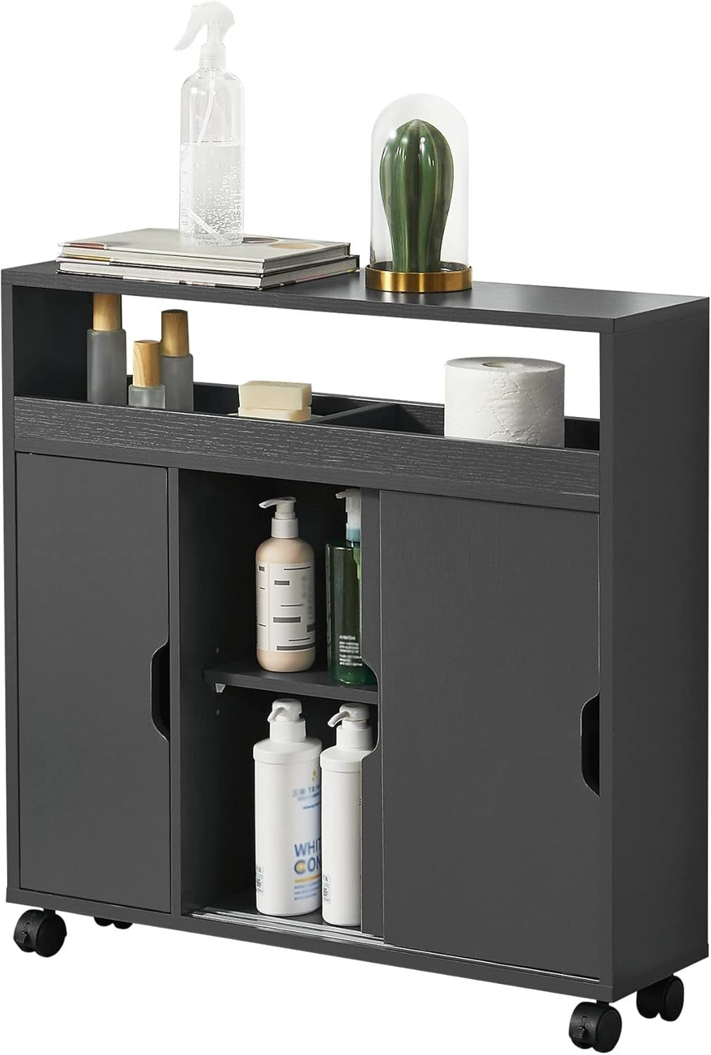 Bathroom Storage Cabinet Dark Grey Slim Cupboard w/ Wheels & Sliding Door