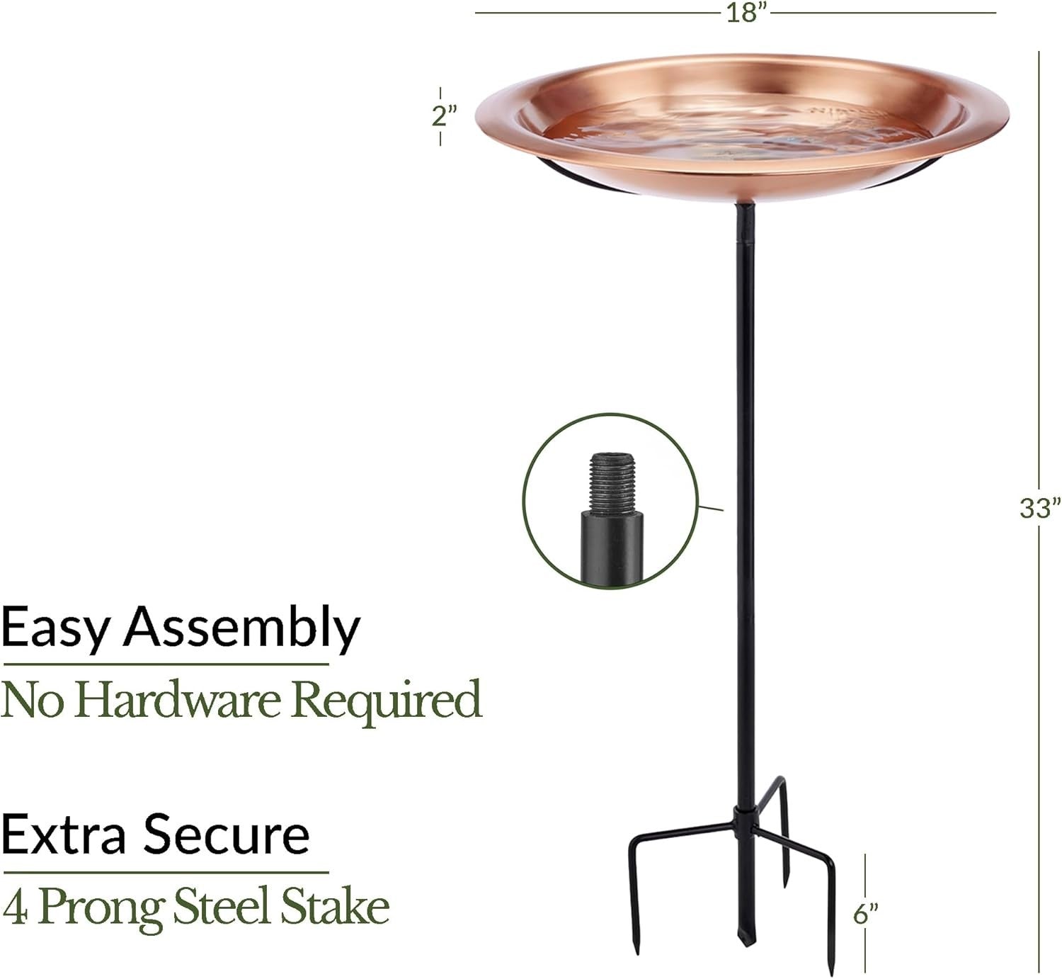 Good Directions 18" Copper Bird Bath with Garden Pole – Matte Finish