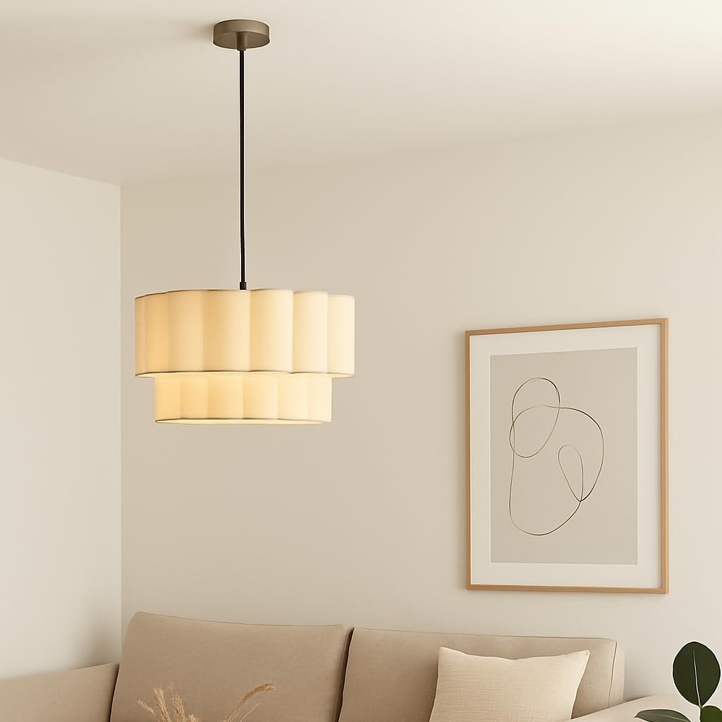 Scalloped Drum Lampshade Neutral Fabric Ceiling Pendant Modern Light