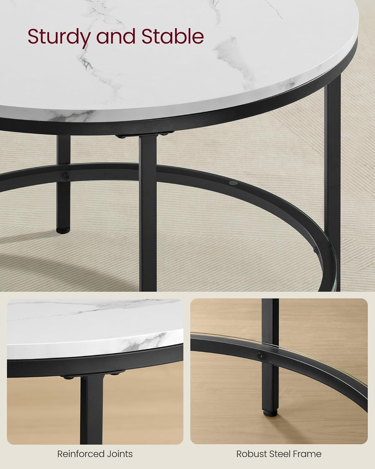 Modern Round Coffee Table with Faux Marble Top & Tempered Glass Shelf