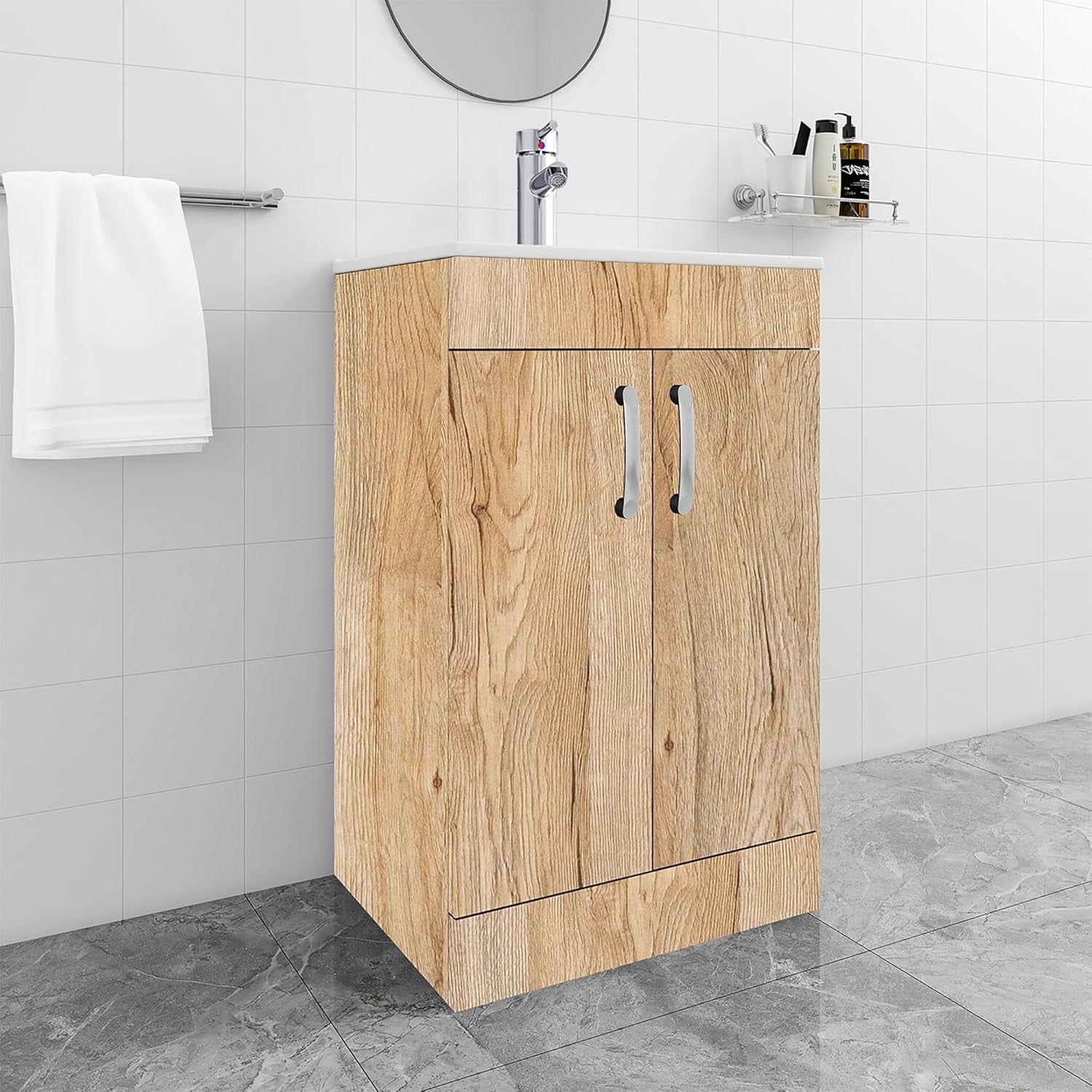 600mm Oak Wood Grain Bathroom Vanity Unit with Basin Floor Standing Sink Cabinet