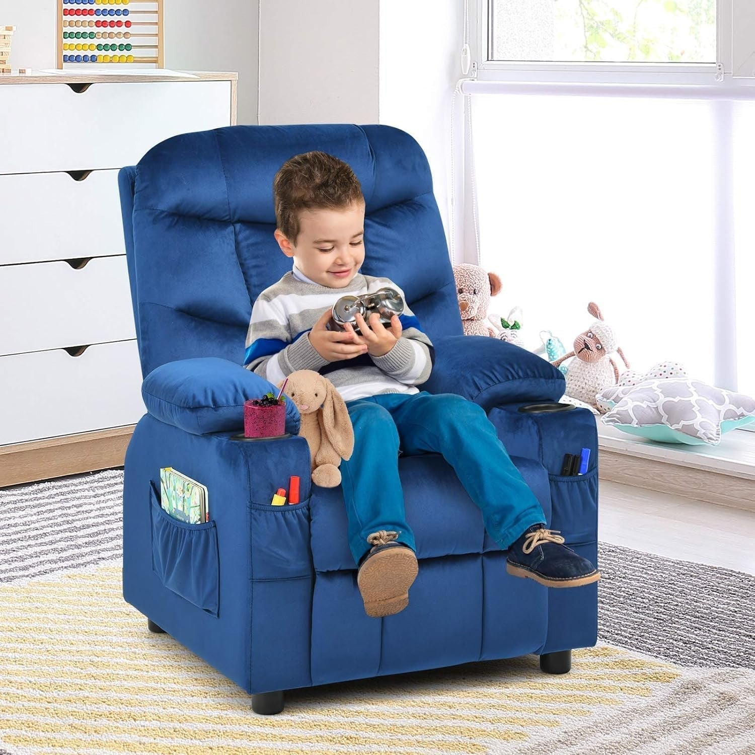 Adjustable Kids Recliner Chair Blue w/ Footrest, Velvet, Cup Holders & Storage