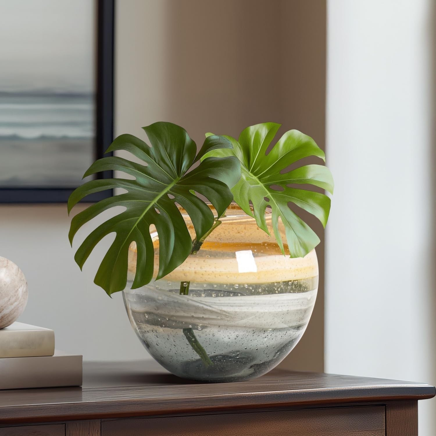Handmade Amber Swirl Glass Sphere Vase Coastal Modern Home Centerpiece