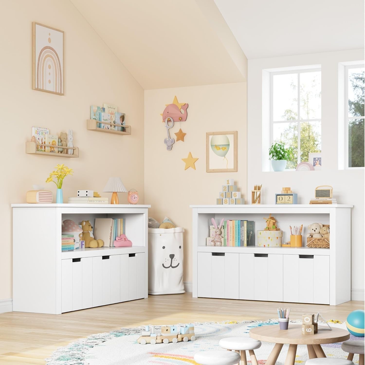White Kids Toy Storage Cabinet w/ Wheels – 3 Drawer Bookcase 102x62cm