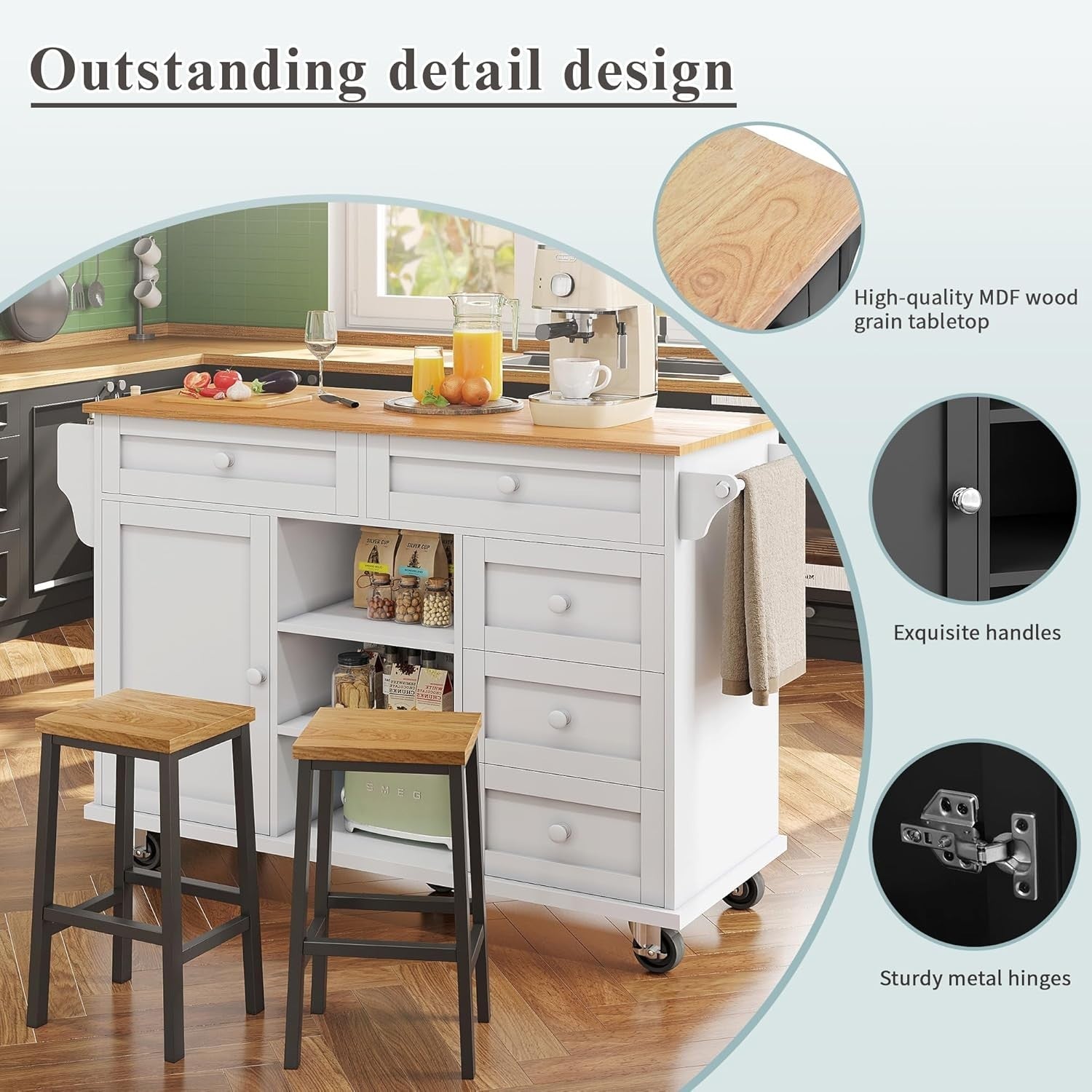 Multi-Level Kitchen Trolley with Drawers & Shelves, Mobile Food Cart 134x46x92cm