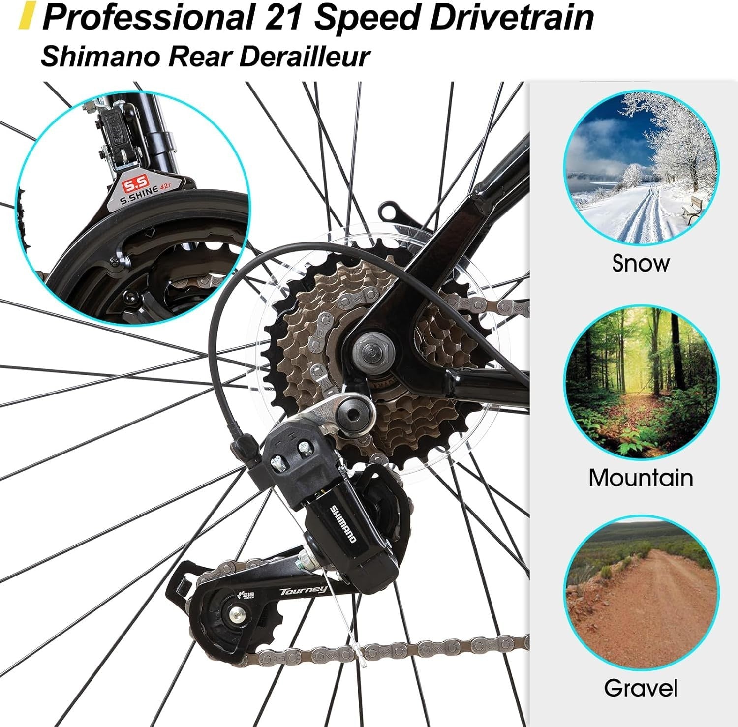 26" Mens Womens Mountain Bike 21 Speed V Brake Steel Frame MTB Adult
