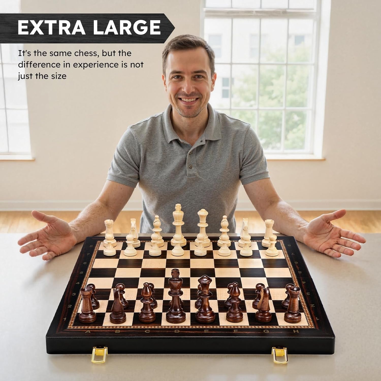 Large 19" Wooden Chess Set Foldable Board Weighted Pieces Extra Queens Classic