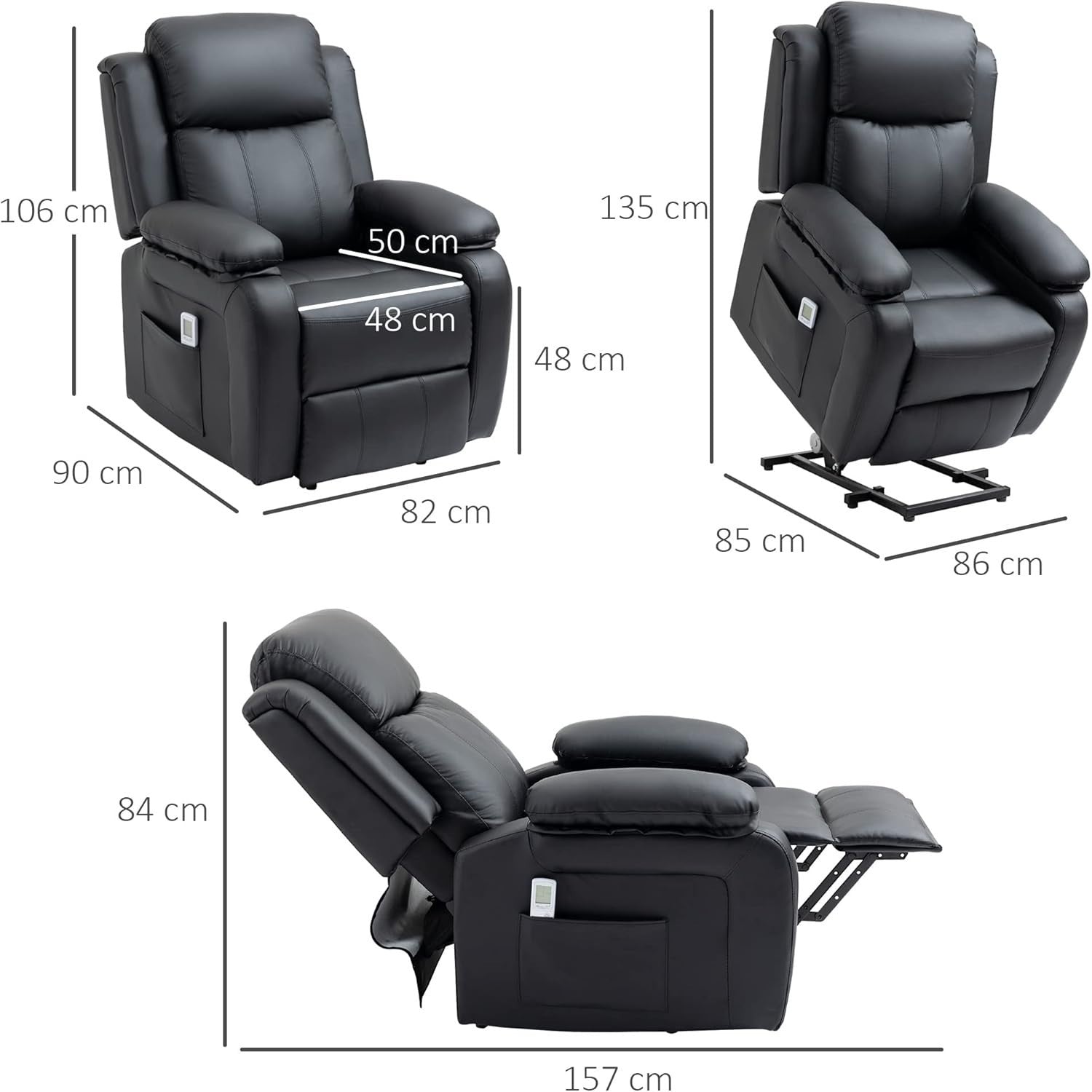 Power Lift Recliner Chair Massage Heat 160° Recline Footrest Side Pockets Black