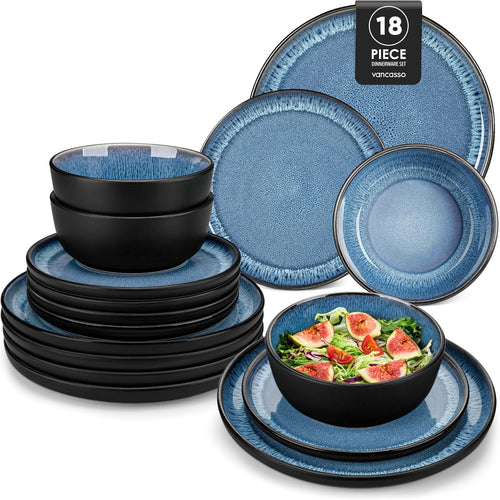 18pc Blue Stoneware Dinner Set Reactive Glaze Plates Bowls Microwave Safe