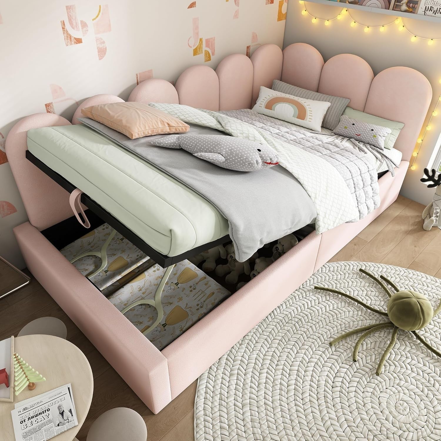 Single Sofa Bed with Storage Pink Velvet 3FT Daybed Kids Room 90x190cm