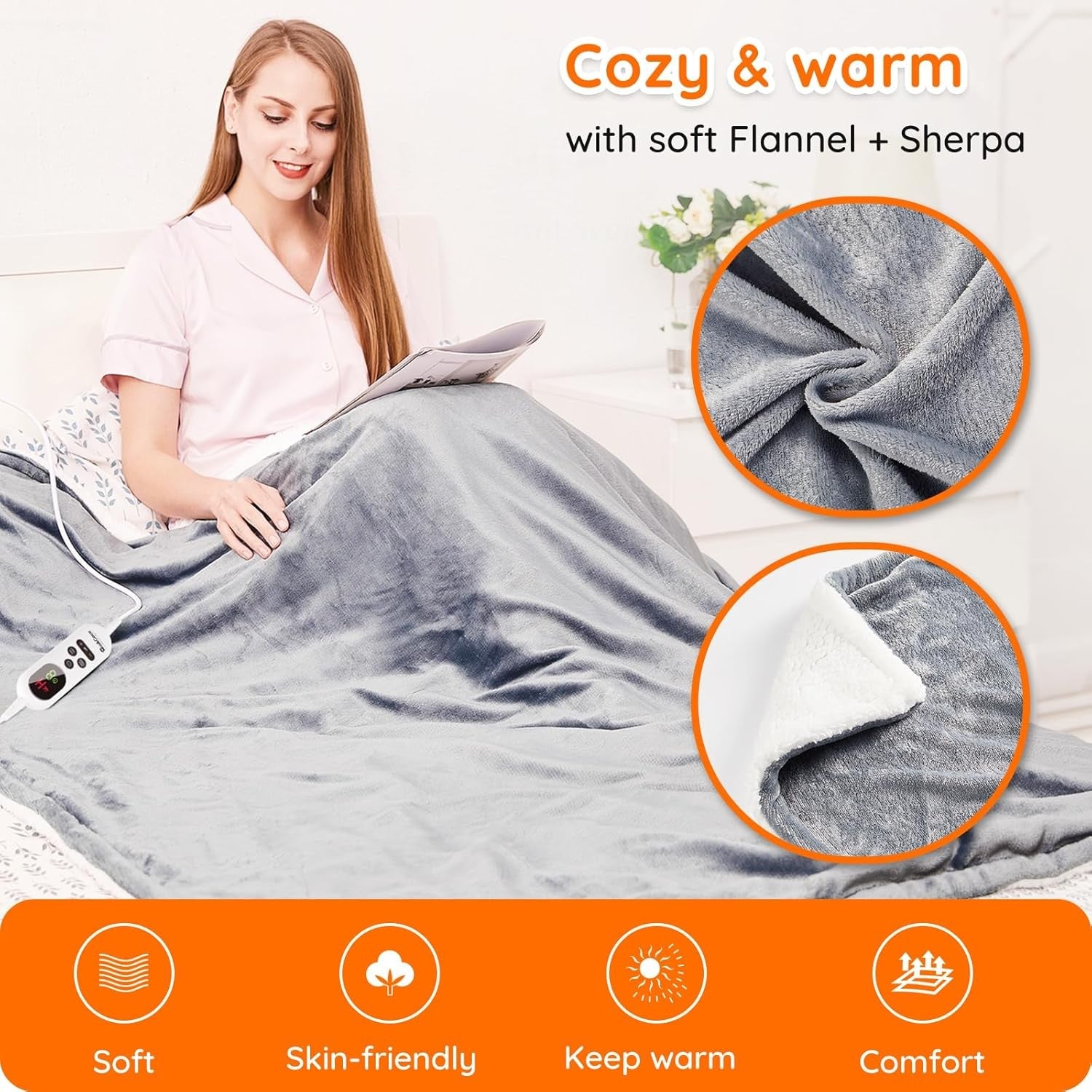 Electric Heated Throw Blanket 130x180cm Grey Sherpa 10 Heat Timer Washable