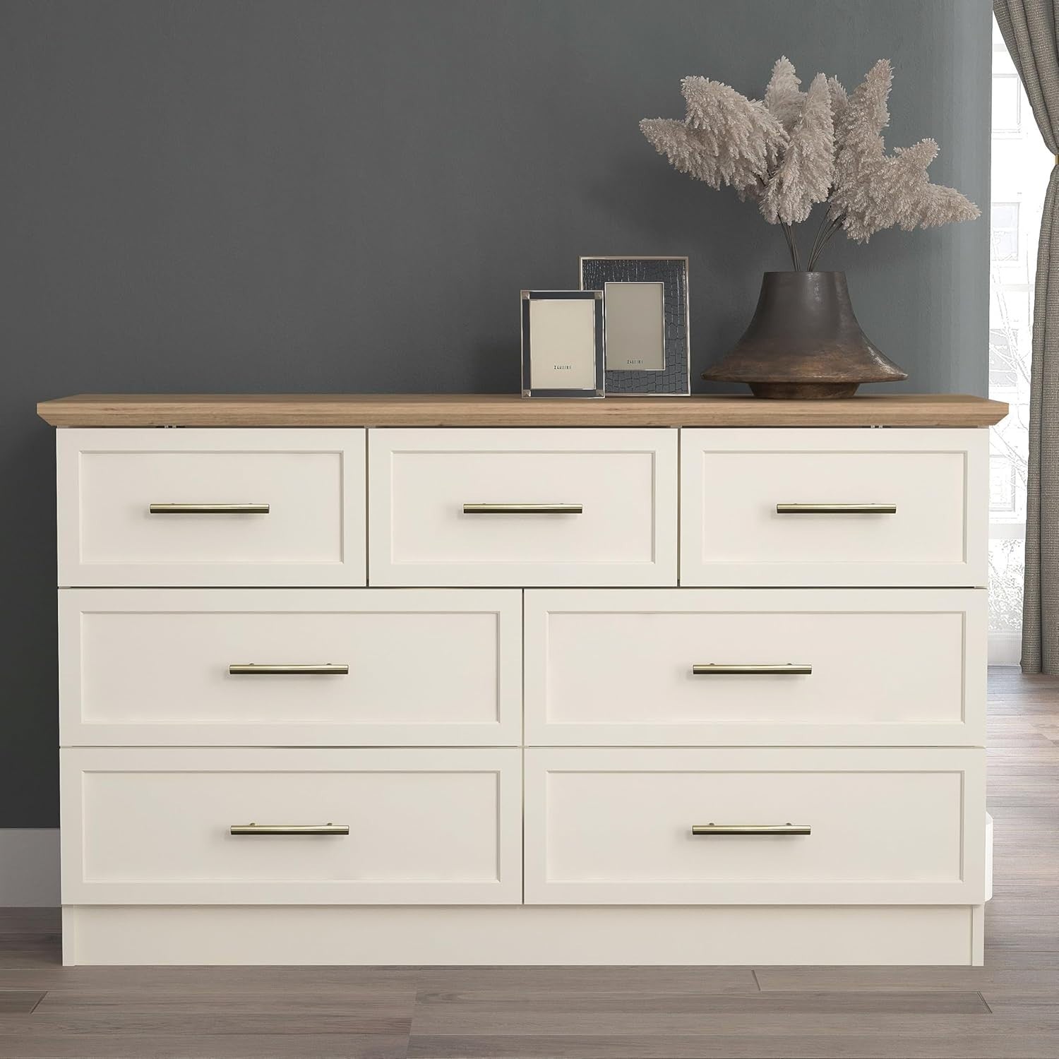 7-Drawer Storage Chest for Bedroom & Hallway – Modern Ivory & Oak Cabinet