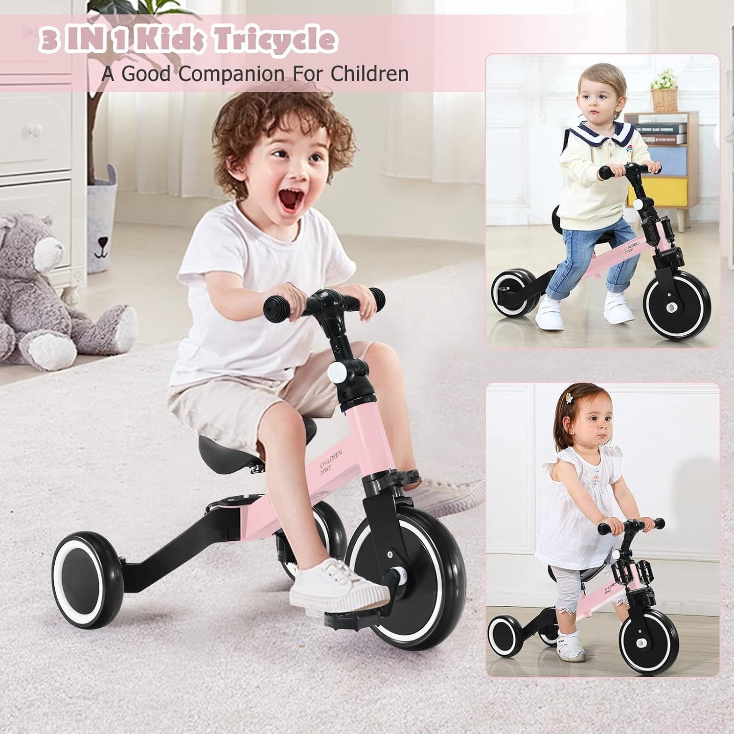 Toddler Tricycle 3 in 1 Balance Bike Trike Adjustable Seat Pink Age 1-4