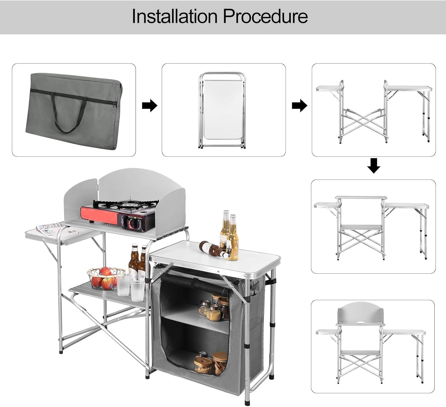 Folding Camping Kitchen Table BBQ Unit w/ Storage, Windshield, Bag