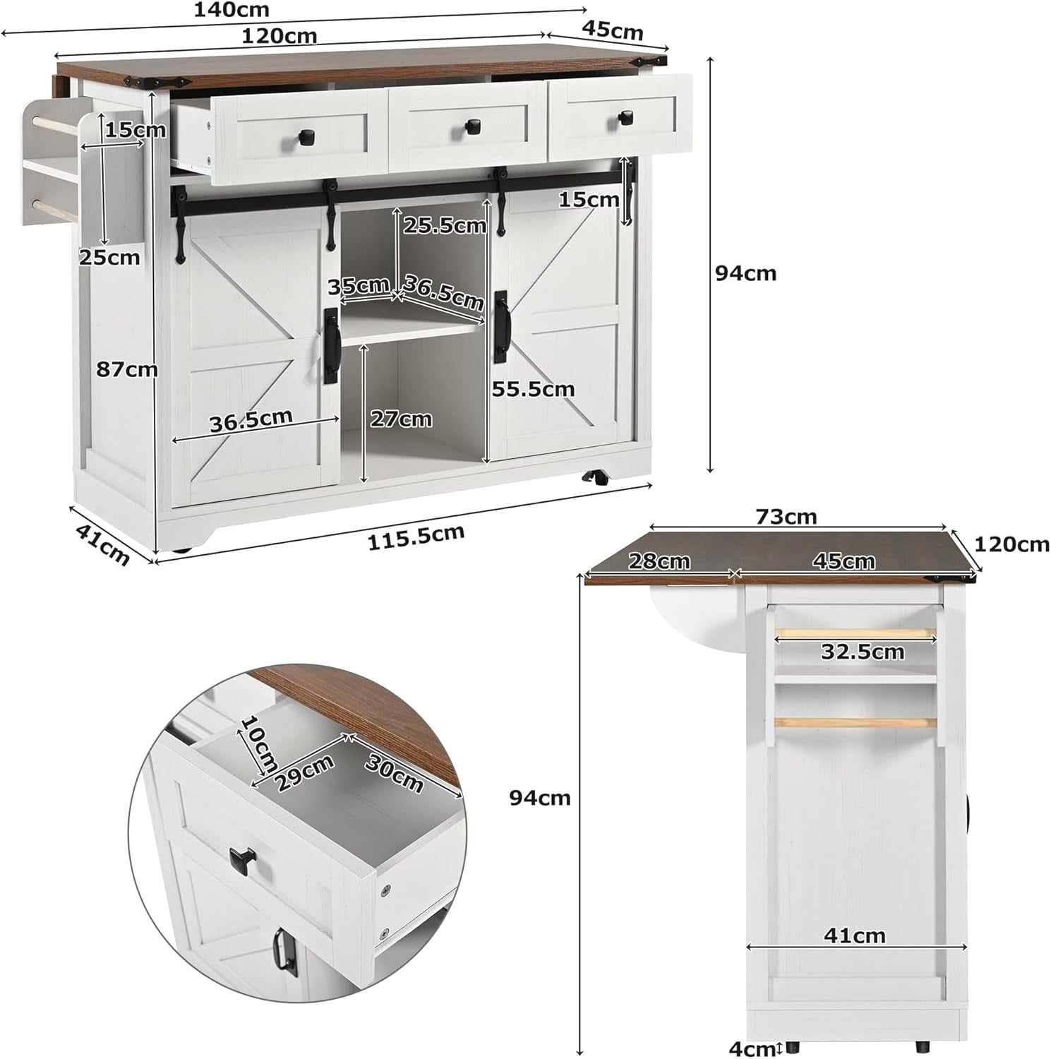 Rolling Kitchen Island Cart with Sliding Doors, 3 Drawers & Foldable Sideboard