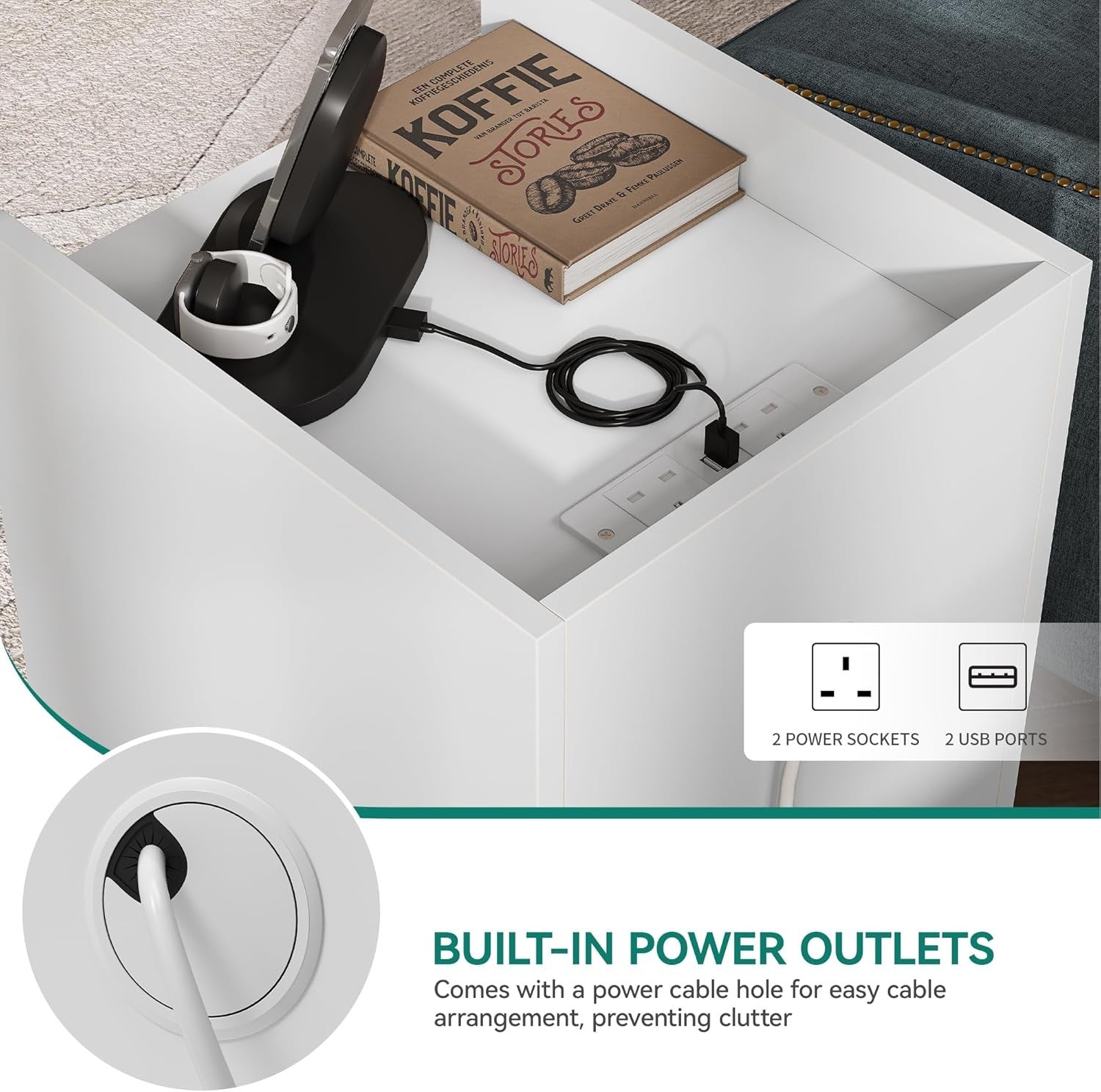 White Bedside Table with 3 Drawers & Power Station | Modern Nightstand 35×59cm