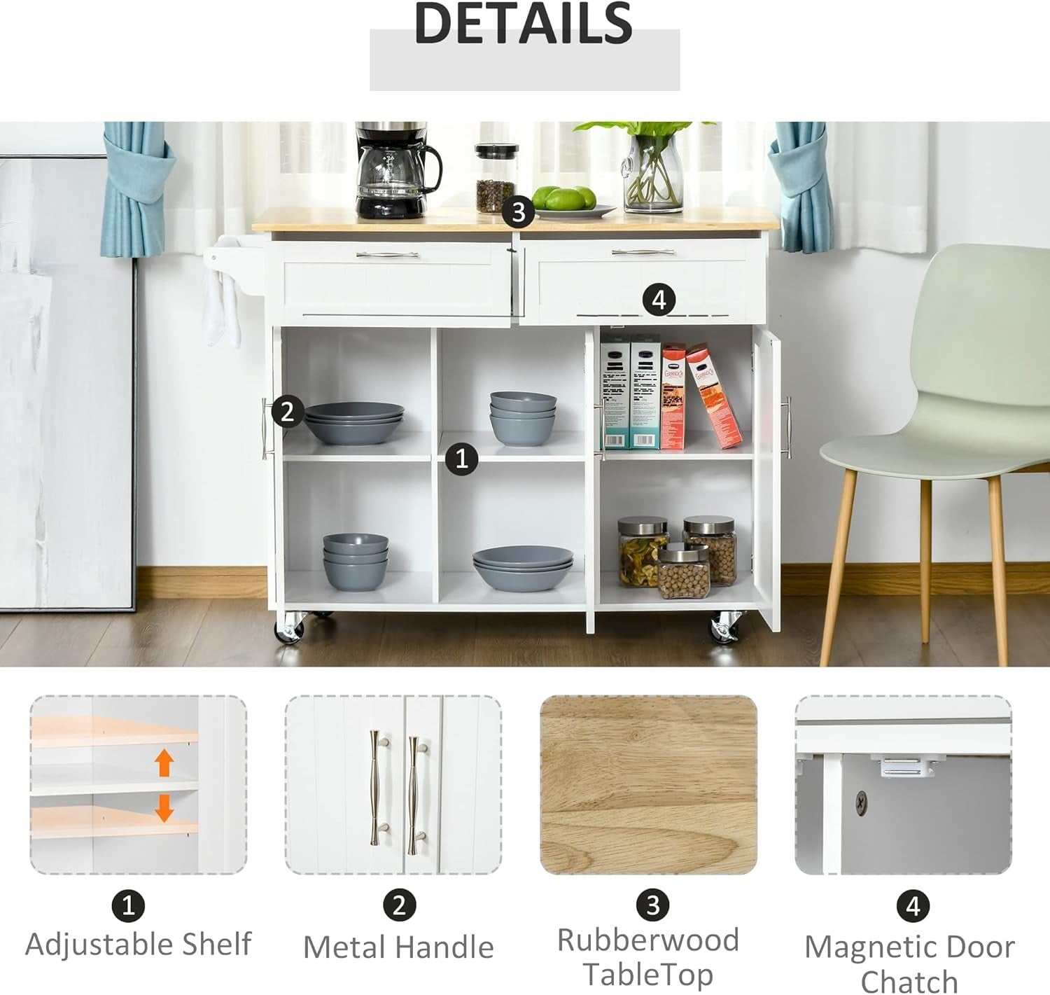 Kitchen Island Trolley Rolling Storage Cart Drawers Cabinets Wooden Top