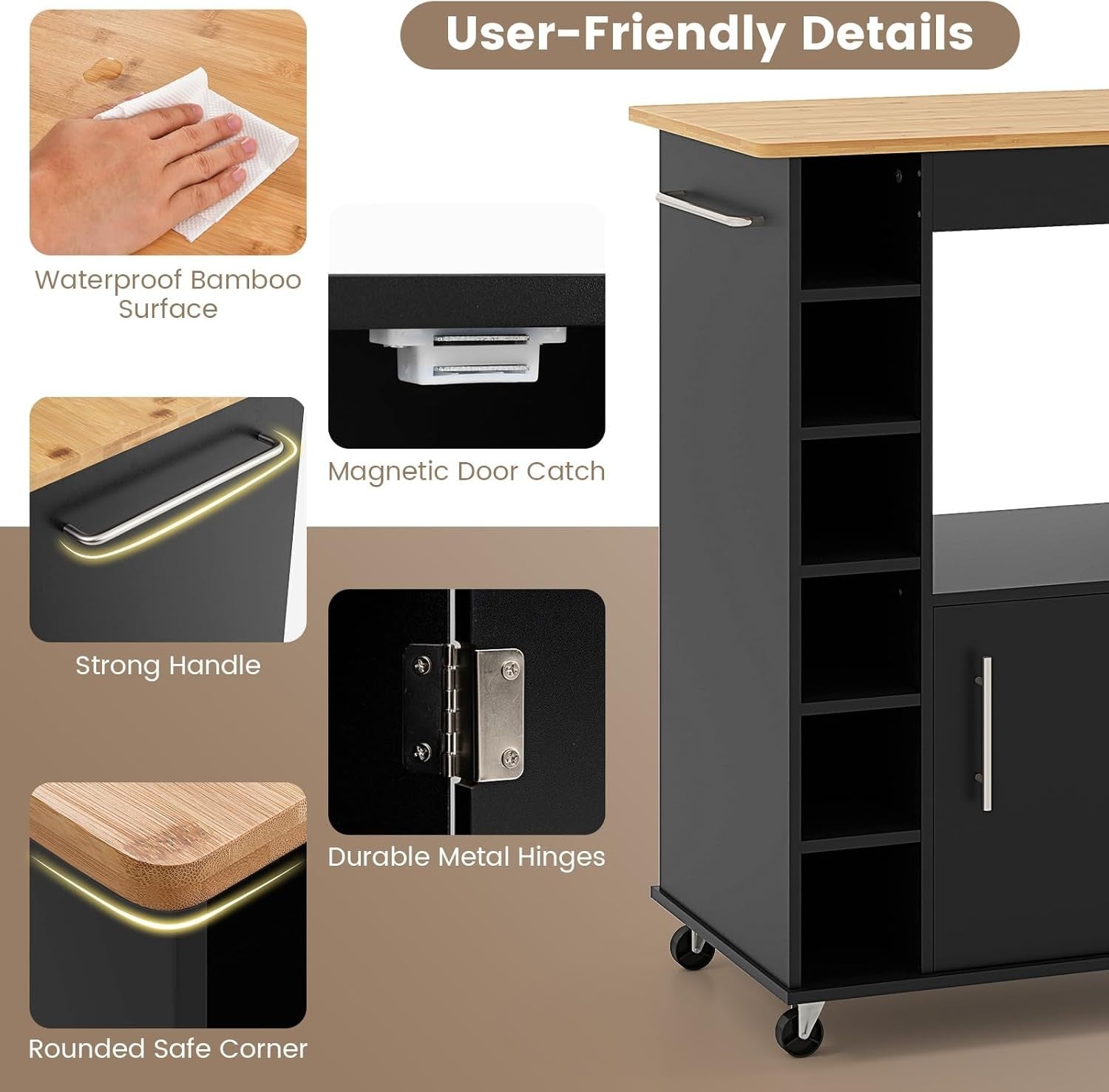 Rolling Kitchen Island Cart Bamboo Top Wine Rack Black