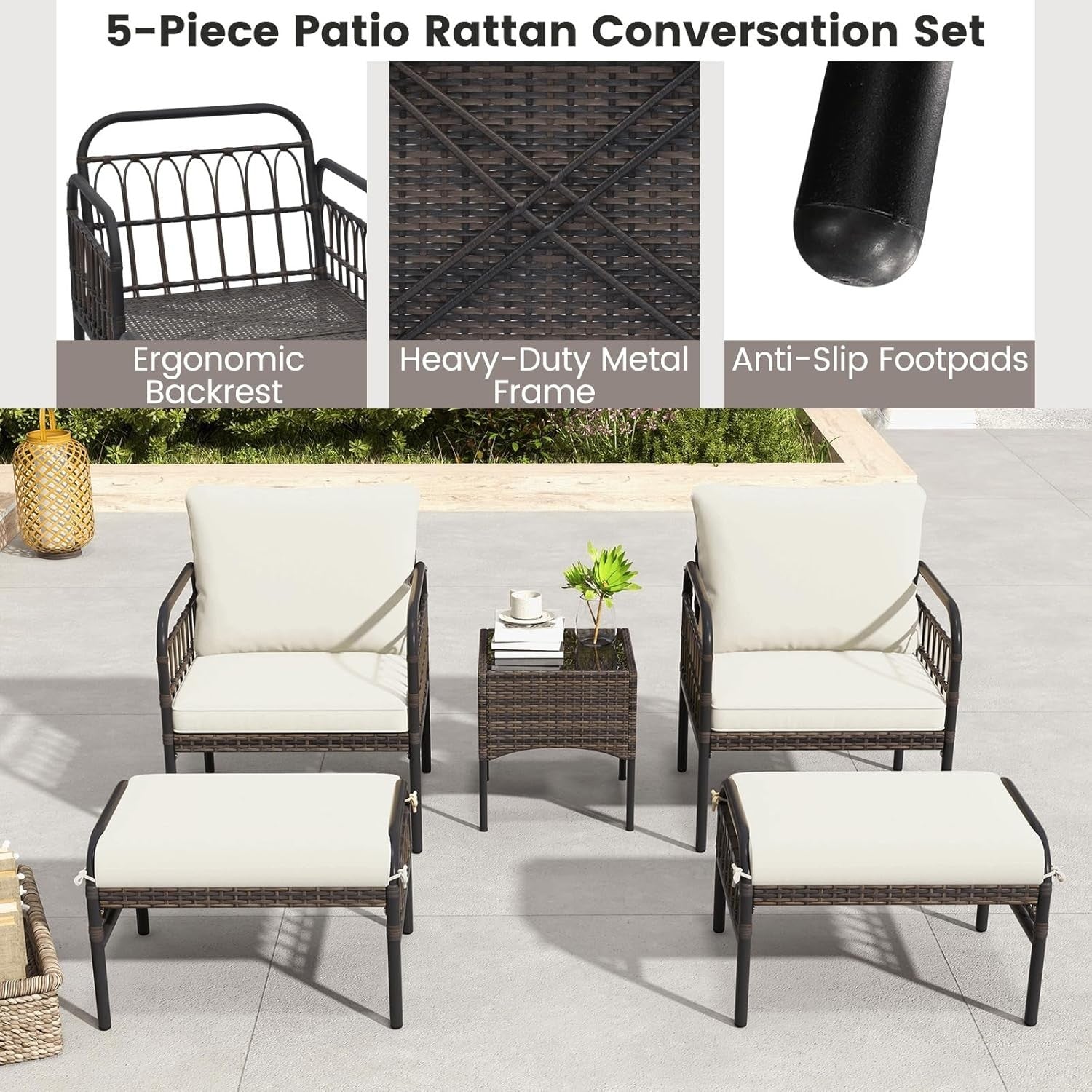 5PC Rattan Garden Furniture Set Armchairs Footstools Coffee Table Cushioned