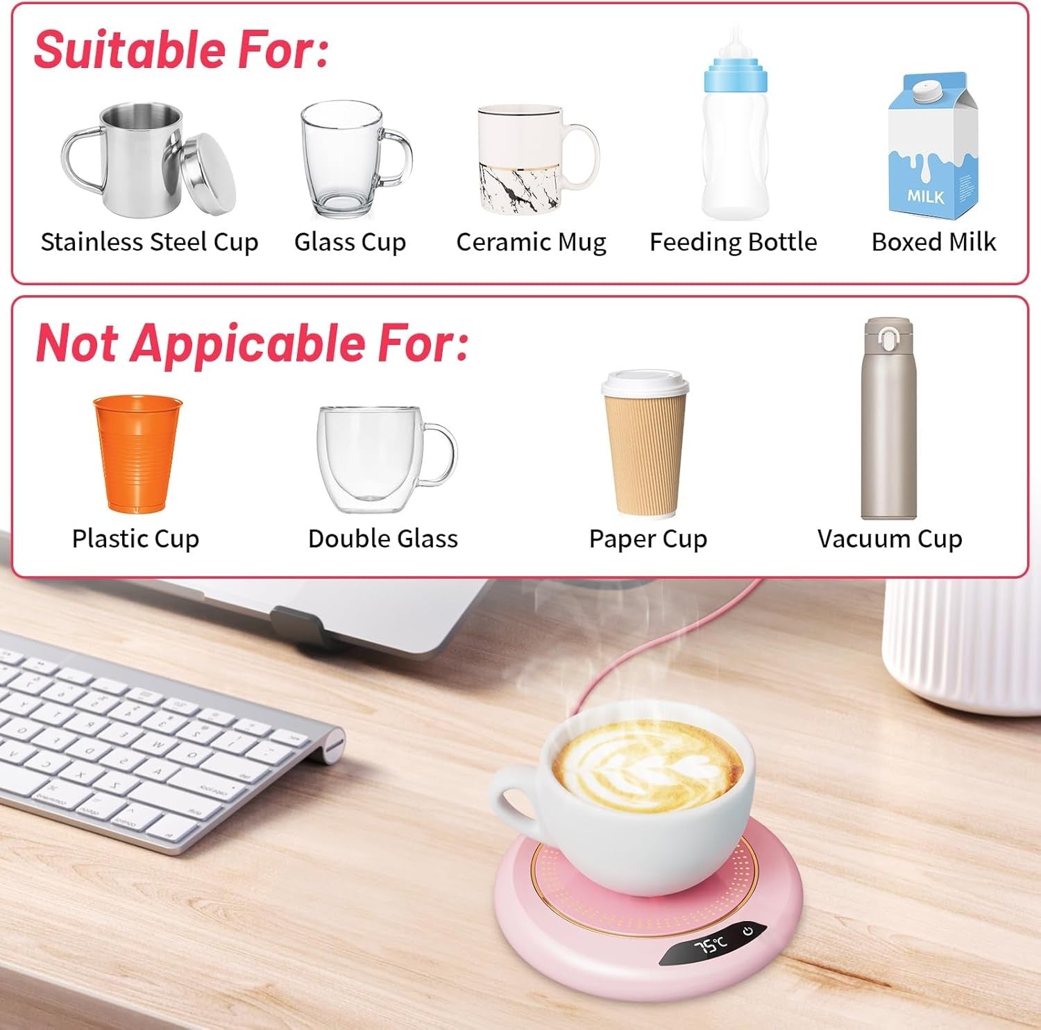 USB Coffee Mug Warmer 3 Temp Settings Smart Touch 8H Auto Shut Off