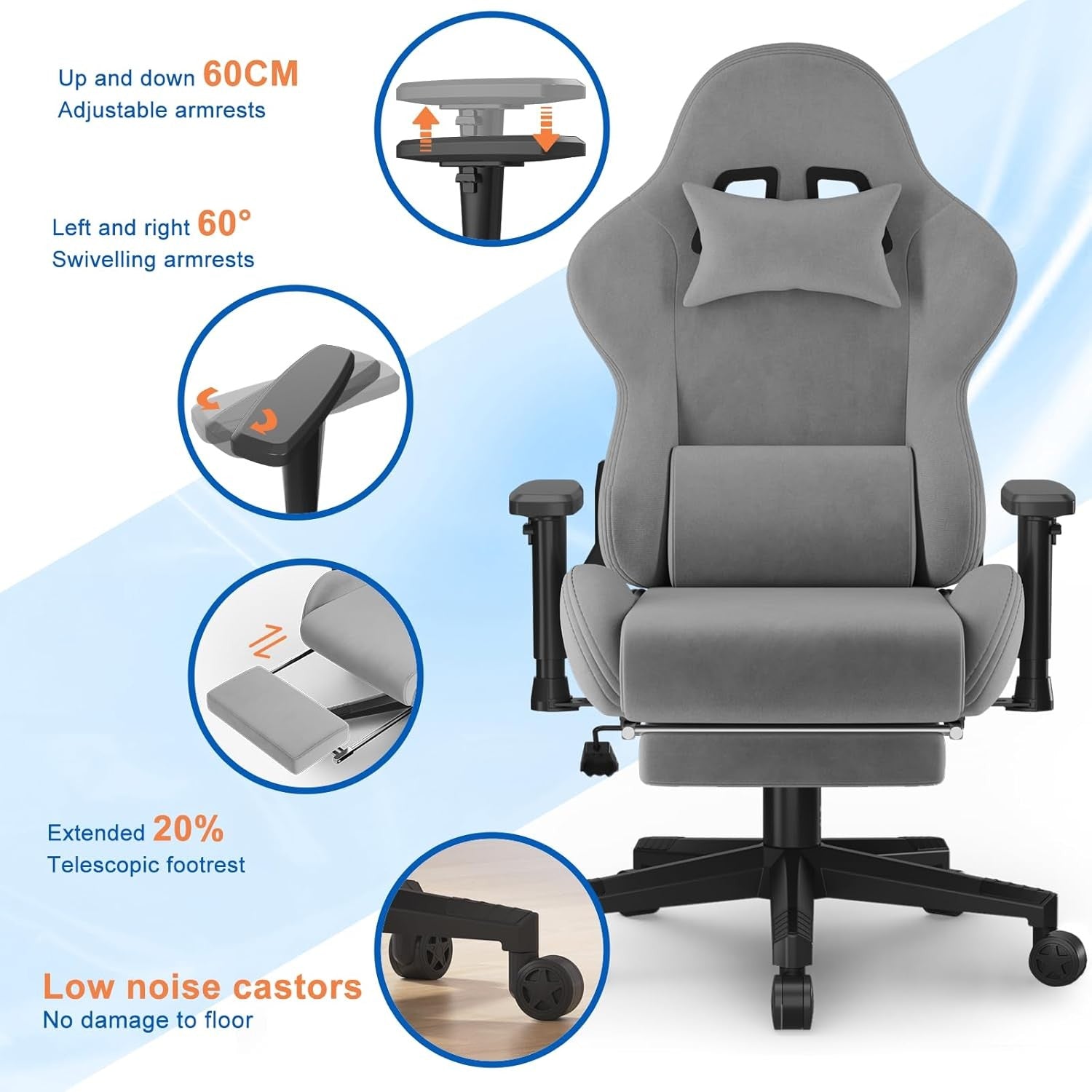 Fabric Gaming Chair Reclining Footrest Massage Lumbar Grey