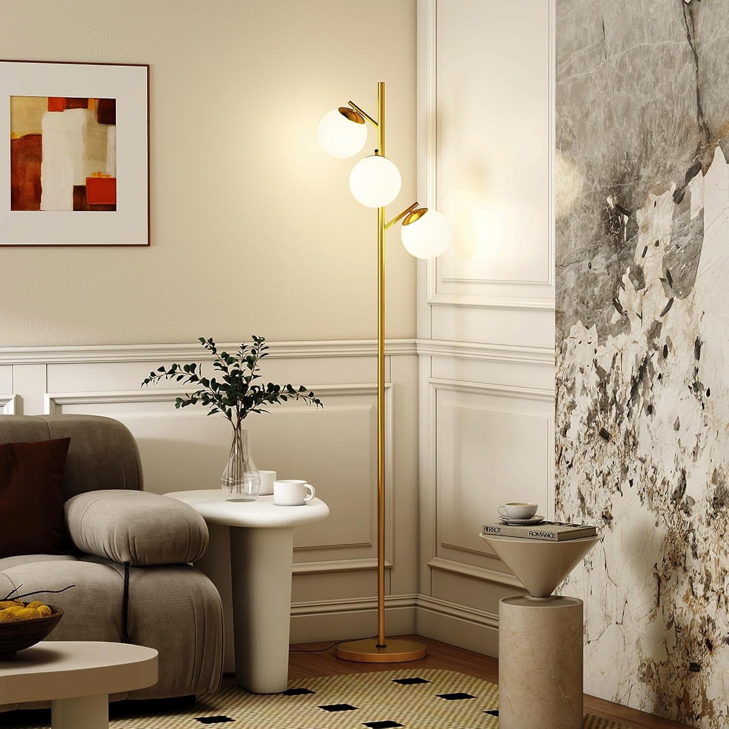 3 Light Tree Floor Lamp LED Globe Shades Gold Standing Lamp Living Room