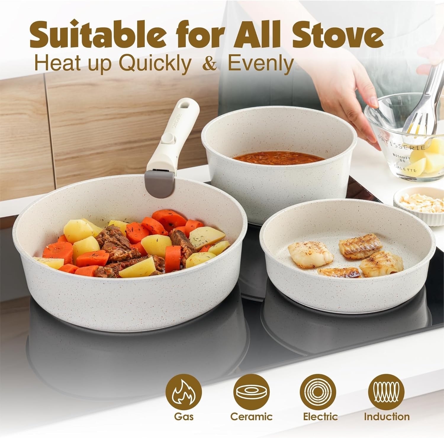 17pcs White Non Stick Cookware Set Detachable Handle Induction Oven Safe
