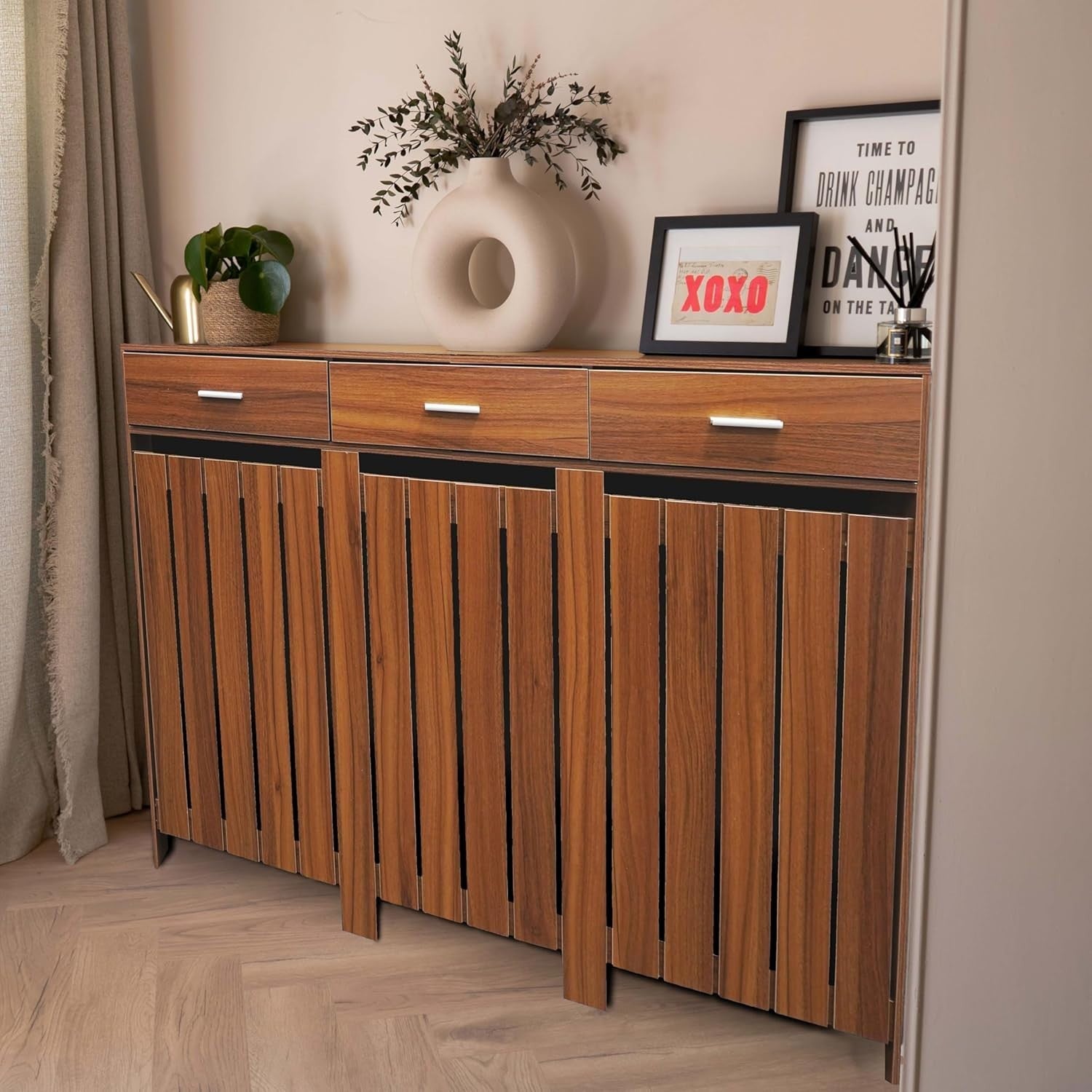 Wood Radiator Cover with Drawers Vertical Slat W152xH96cm Modern Oak Cabinet