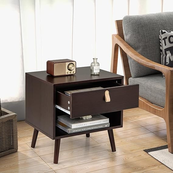 Mid-Century Bedside Table with Drawer & Shelf, Solid Wood Legs, Small Space