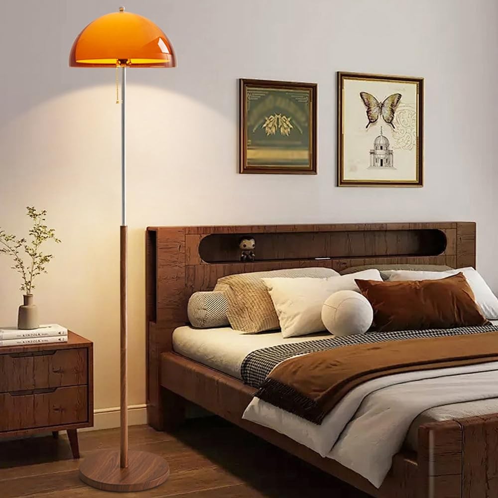 Wabi Sabi Wood Floor Lamp Orange Acrylic Shade 60in Dimmable Standing Light