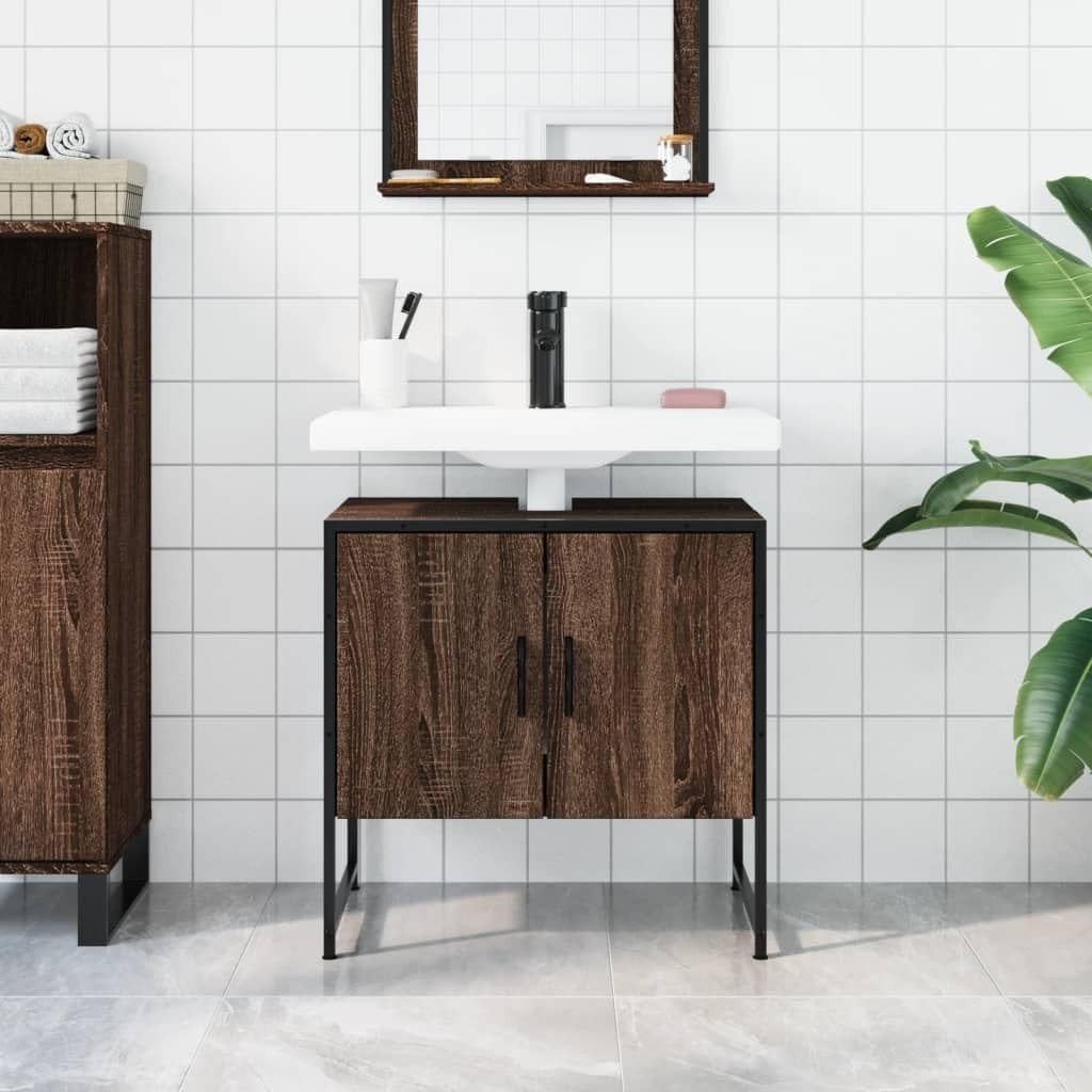 Modern Brown Oak Bathroom Sink Cabinet 60cm Under Basin Storage Unit Cupboard
