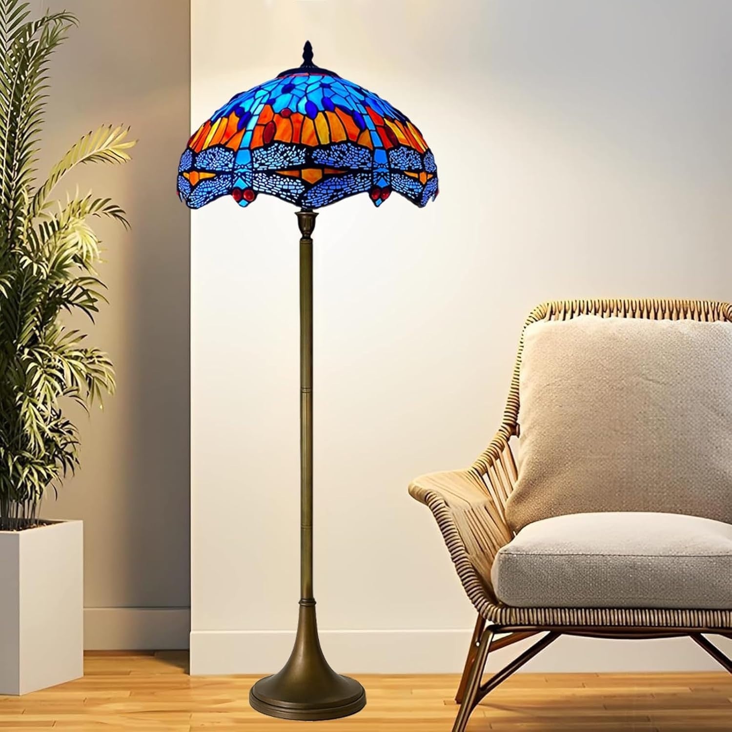 Tiffany Style Floor Lamp Handcrafted Stained Glass 16in Antique Hall Light