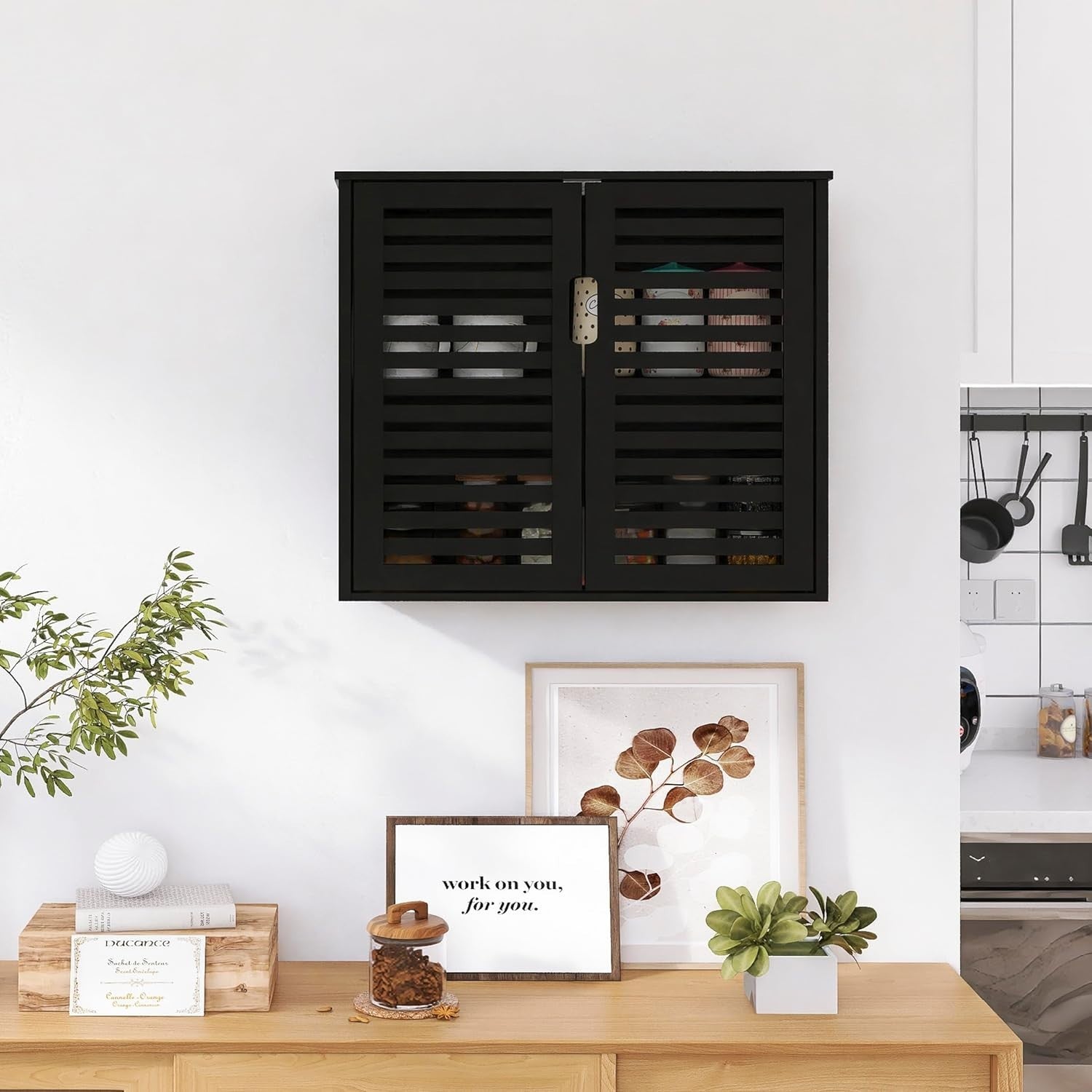 Black Bathroom Wall Cabinet Storage 2 Door Bamboo Unit Adjustable Shelf