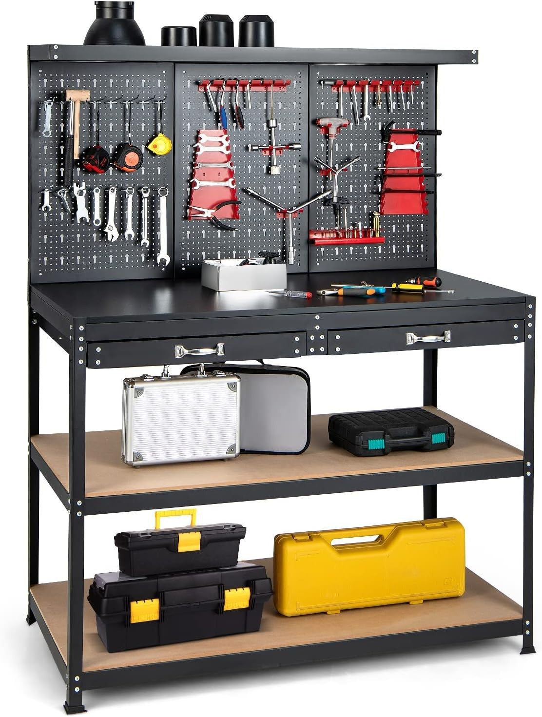 Heavy Duty Garage Workbench with Pegboard 2 Drawers Shelves 121x61 Tool Station
