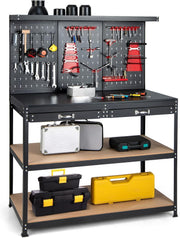 Heavy Duty Garage Workbench with Pegboard 2 Drawers Shelves 121x61 Tool Station