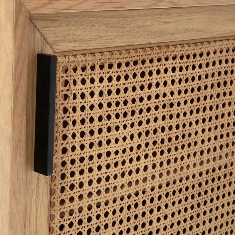 Modern Oak & Rattan Sideboard Cabinet – 160cm Storage Unit with Sliding Doors