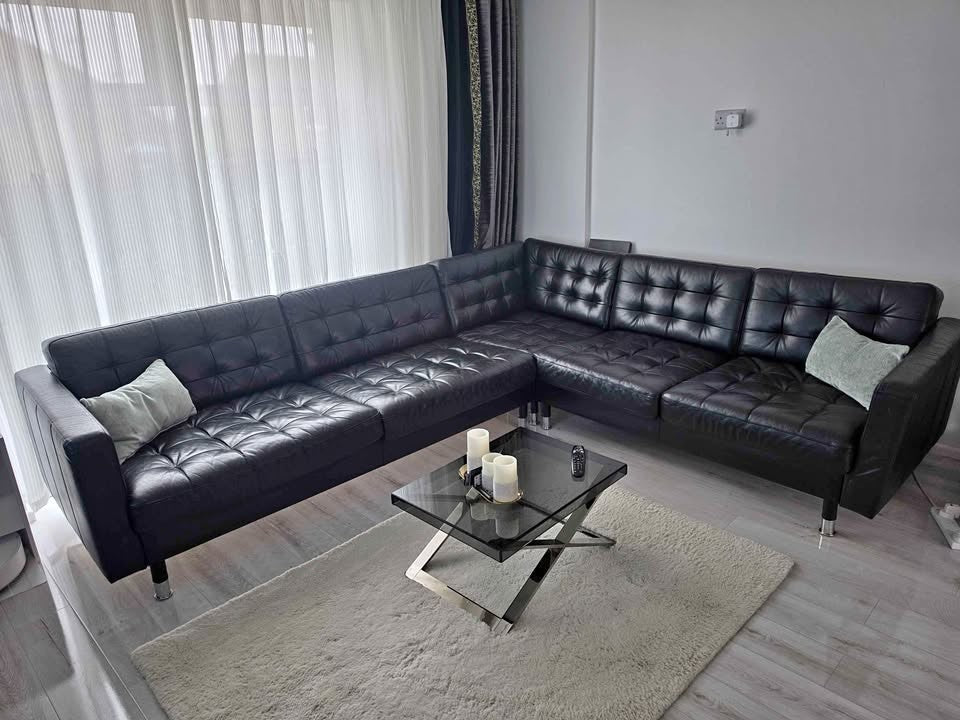 Large Black Leather Corner Sofa L-Shape Sofa (PTP)