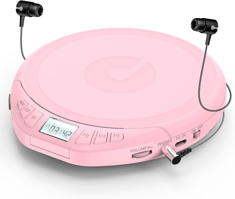 Personal CD Player Portable Anti-Skip LCD Display AUX Car Earphones Pink