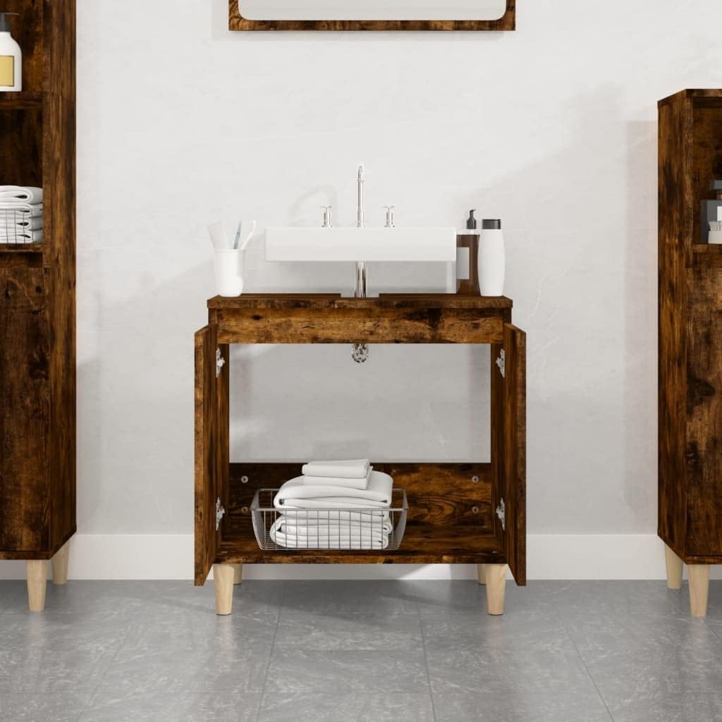 Smoked Oak Under Sink Bathroom Cabinet – Modern Vanity Storage Unit 58x33x60cm