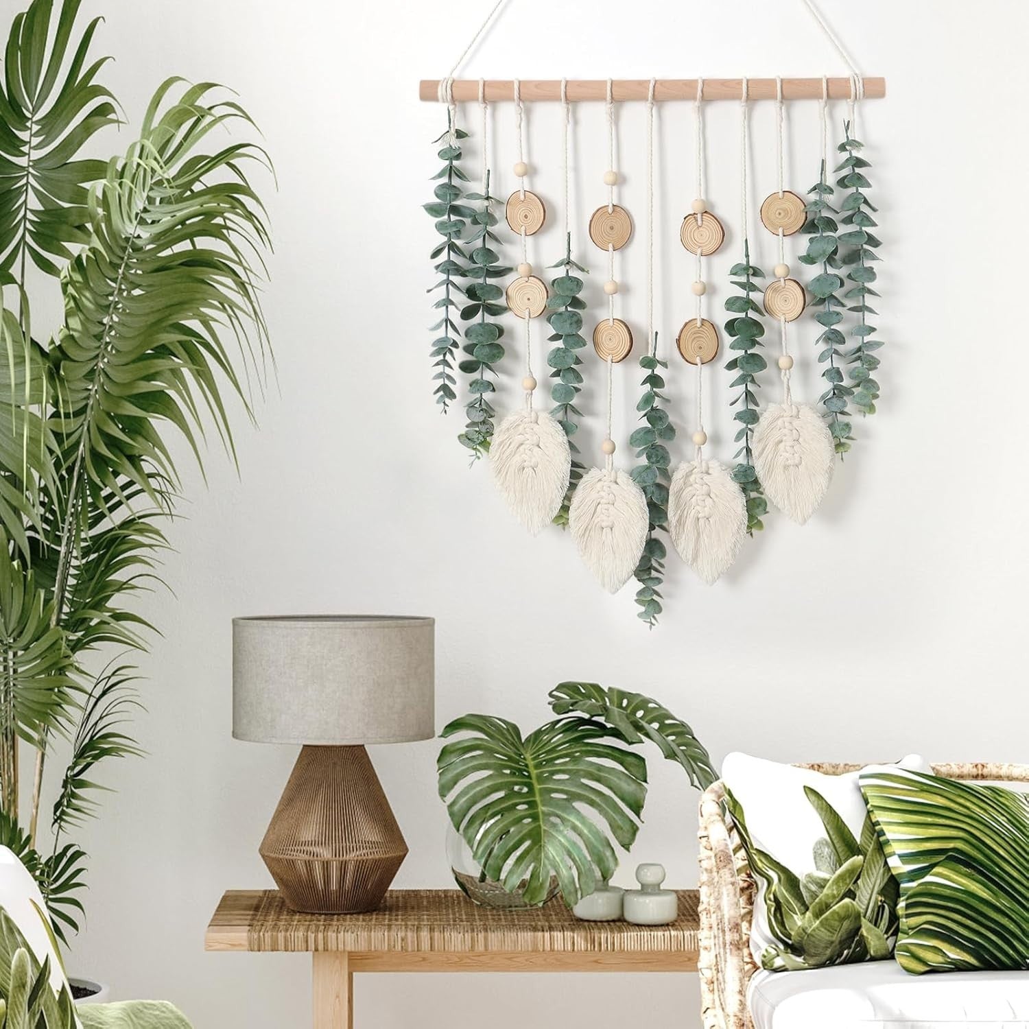 Green Artificial Eucalyptus Macrame Wall Hanging Boho Decor 42x55cm