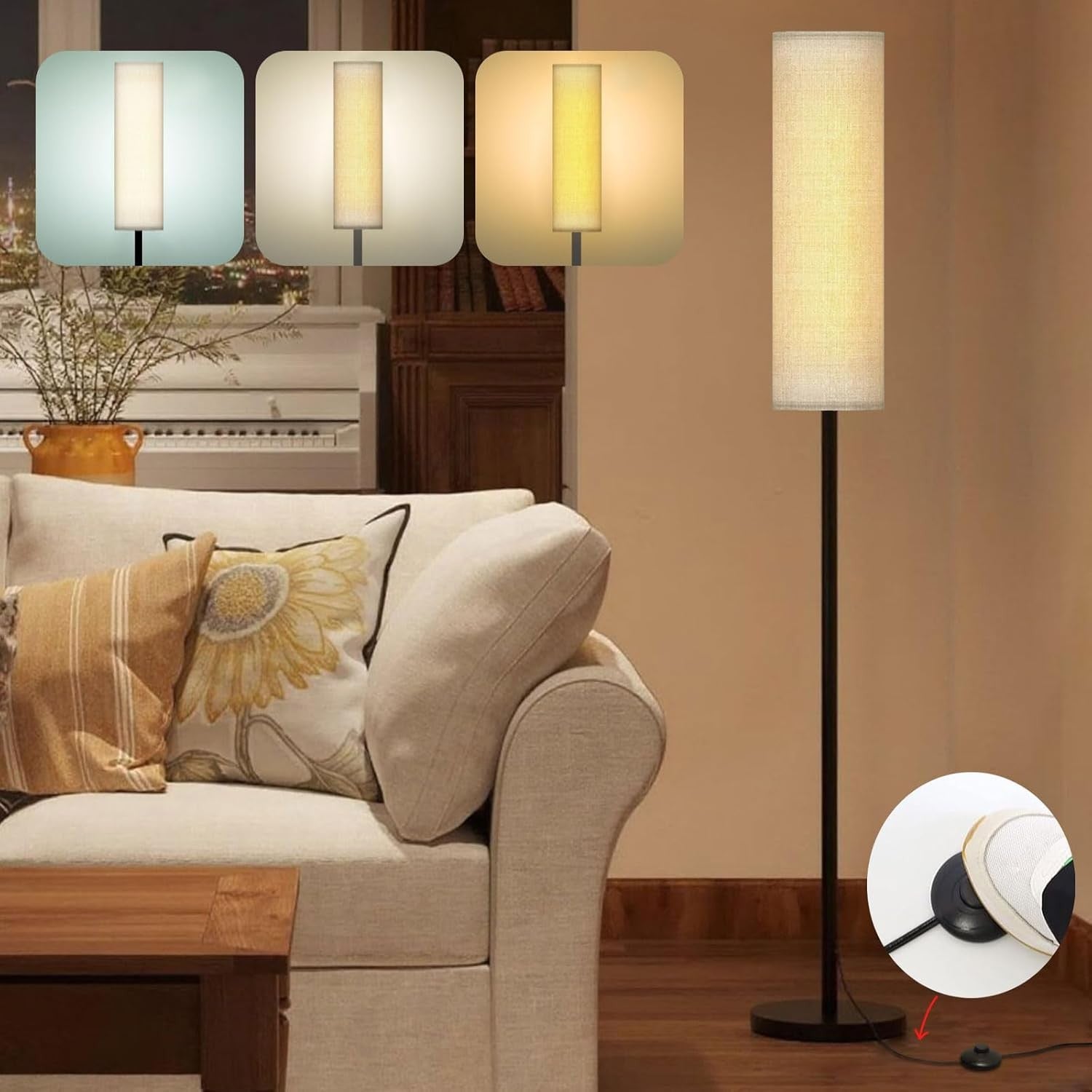 Floor Lamp Tall Dimmable Linen Shade Standing Light Foot Switch Modern