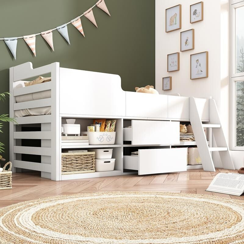 Kids Cabin Bed Mid Sleeper with Drawers Shelves Taupe 3FT Storage Wooden Frame